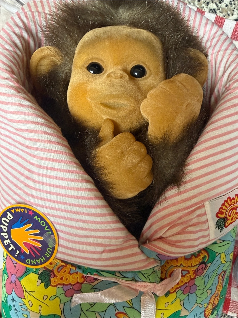 Vintage Cute Plush little Monkey lost puppet  in Brown Velvet with Dark Fur